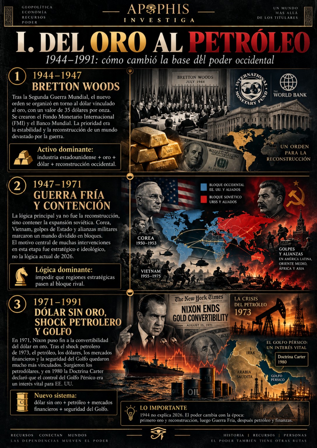 Línea de tiempo ilustrada de Bretton Woods, Guerra Fría, petróleo y Golfo