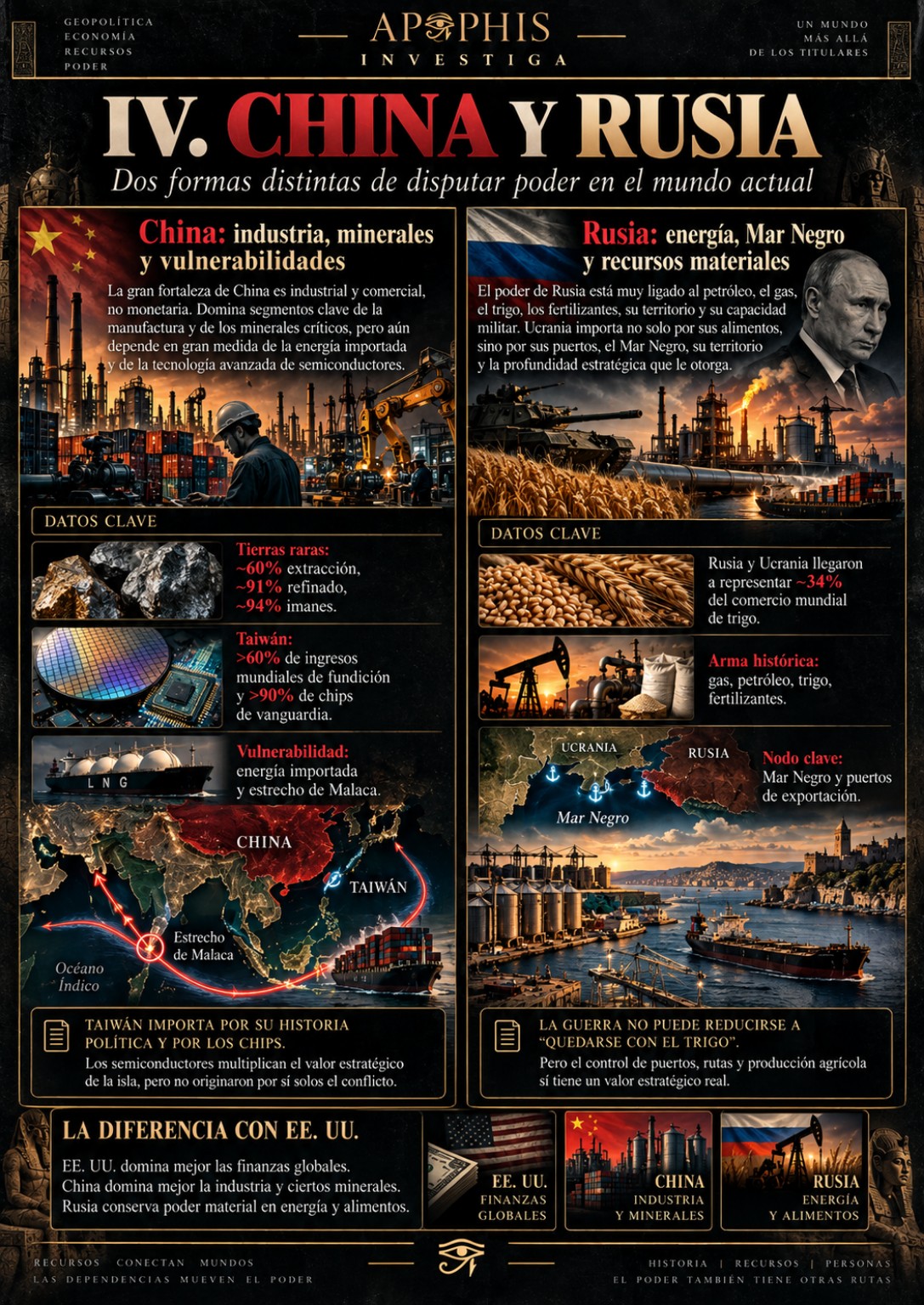 Infografía comparativa sobre China, Rusia, chips, tierras raras, energía y Mar Negro