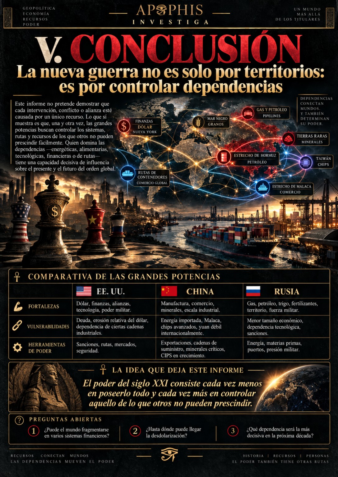 Mapa ilustrado de dependencias mundiales en finanzas, energía, chips, minerales, alimentos y rutas